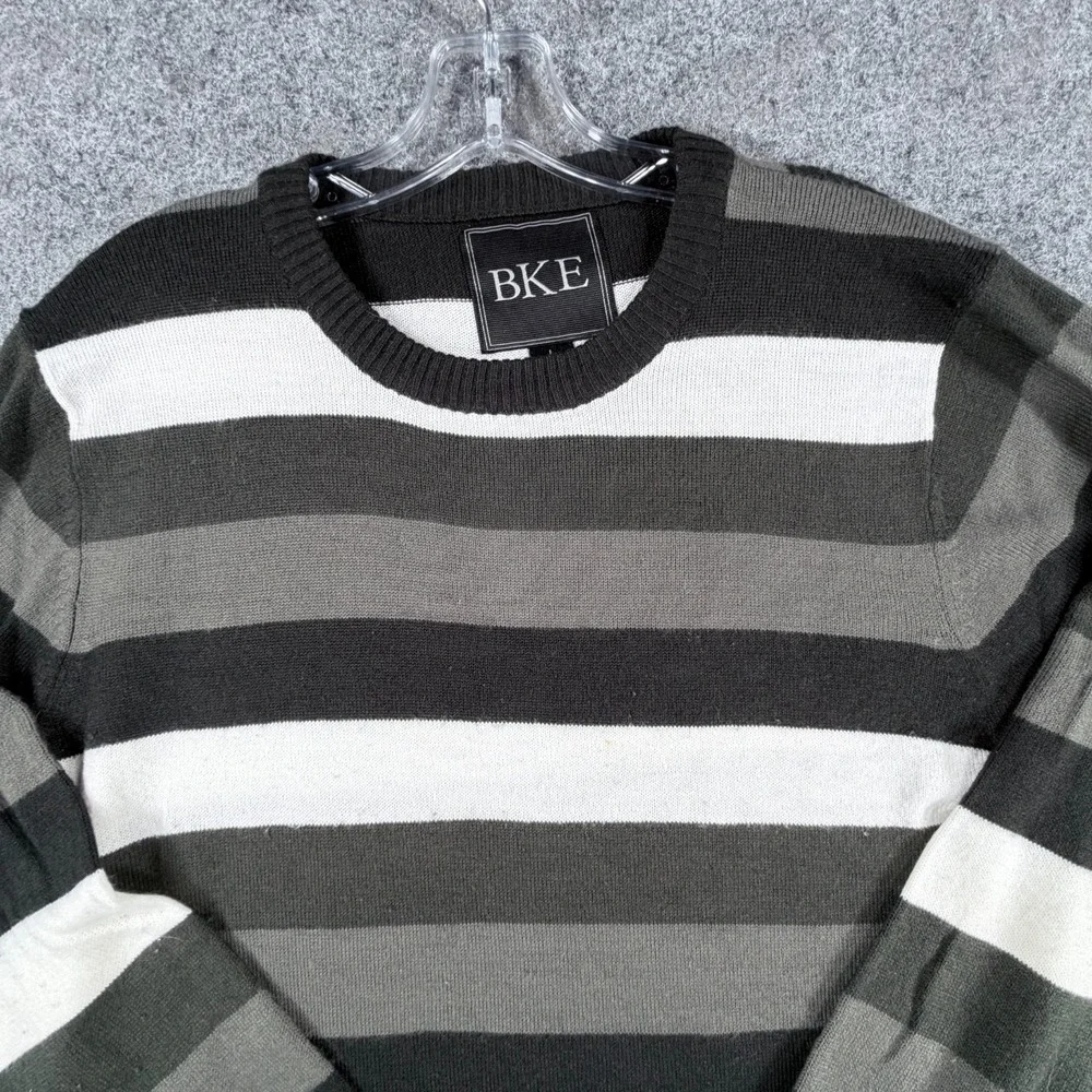 BKE Pullover Sweater‎ Mens L Black Gray White Striped Classic Office Wear Preppy